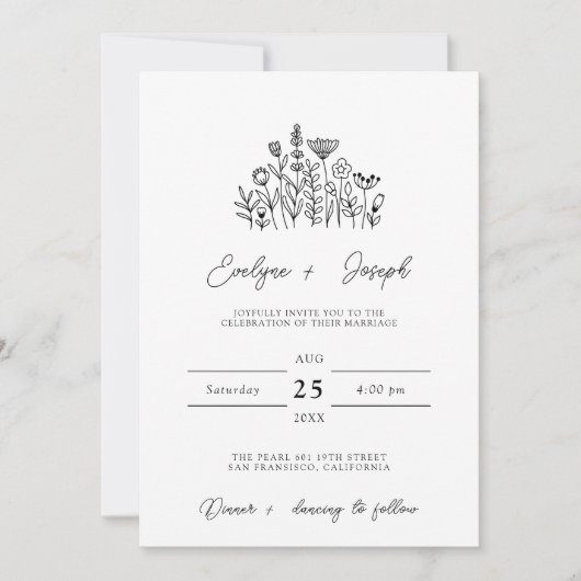 Wildflower zwart & wit boho alles in één bruiloft kaart (Voorkant)