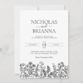 Wildflower zwart wit boho bruiloft moderne foto kaart (Voorkant)