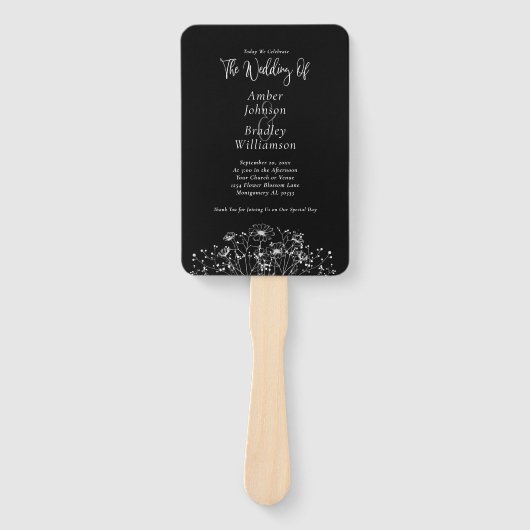 Wildflower Zwart Wit Botanisch Bloemen Programma Handwaaier (Voorkant)