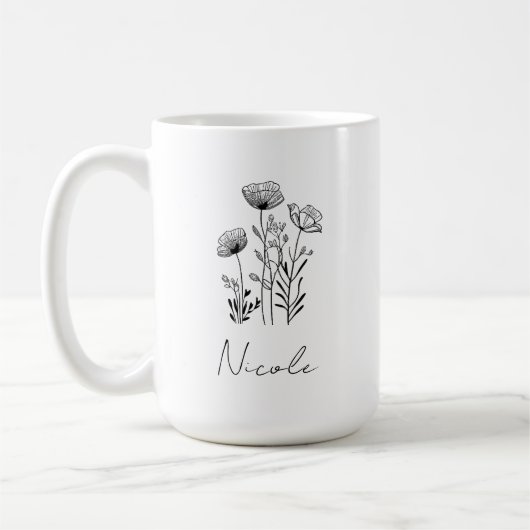 Wildflower zwarte hand-tekening aangepaste naam koffiemok (Links)