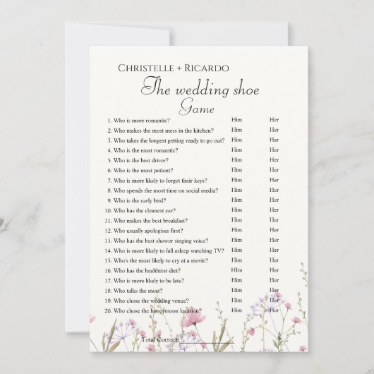 WildflowerBruiloft schoen spel bachelorette spel K Aankondiging (Voorkant)