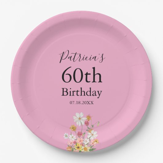 Wildflowers 60th Birthday Pink Party Papieren Bordje (Voorkant)