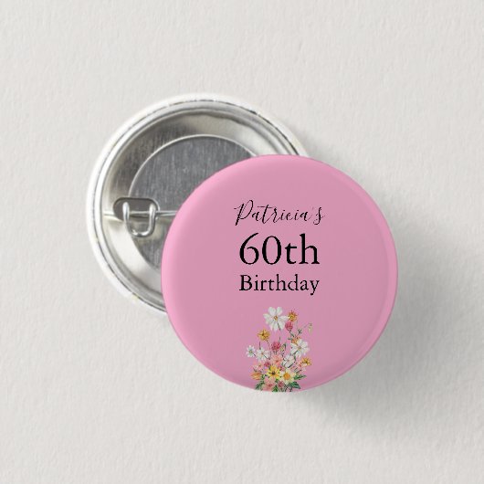 Wildflowers 60th Birthday Pink Party Ronde Button 3,2 Cm (Voorkant /achterkant)