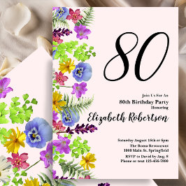 Wildflowers 80th Birthday Invitation in Blush Pink Kaart