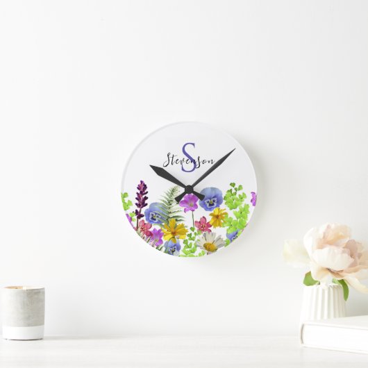  Wildflowers Aangepaste naam en Monogram Ronde Klok (Huis)