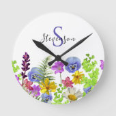  Wildflowers Aangepaste naam en Monogram Ronde Klok (Voorkant)