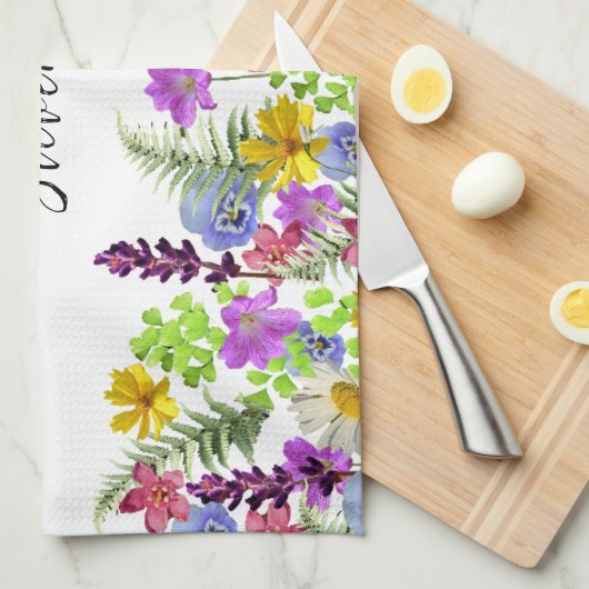  Wildflowers Aangepaste naam en Monogram Theedoek (Quarter Fold)