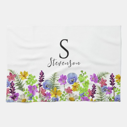  Wildflowers Aangepaste naam en Monogram Theedoek (Horizontaal)