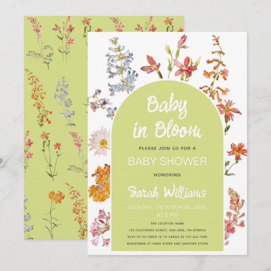 Wildflowers Baby in Bloom Shower Green Arch Floral Kaart (Voorkant / Achterkant)