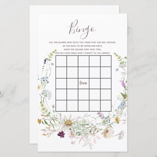 WildFlowers Baby shower Bingo Game (Voorkant / Achterkant)