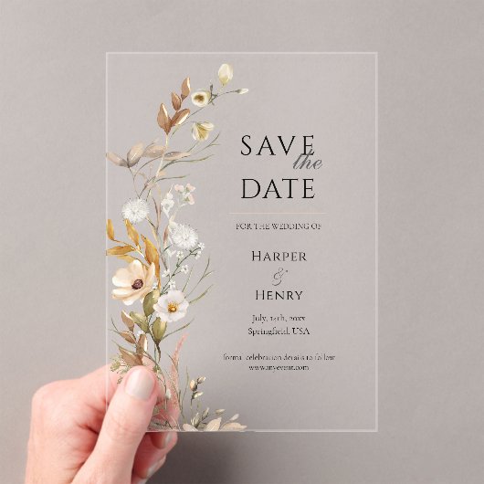 Wildflowers Beige Boho Botanical Save the Date Acryl Uitnodigingen (Insitu (Draagbaar))