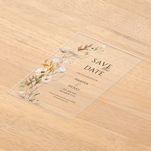 Wildflowers Beige Boho Botanical Save the Date Acryl Uitnodigingen (Laagn)