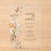 Wildflowers Beige Boho Botanical Save the Date Acryl Uitnodigingen (Voorkant)