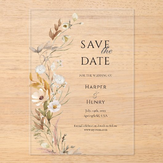 Wildflowers Beige Boho Botanical Save the Date Acryl Uitnodigingen (Voorkant)