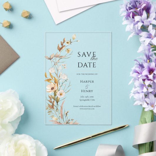 Wildflowers Beige Boho Botanical Save the Date Acryl Uitnodigingen (Insitu (Huwelijk))