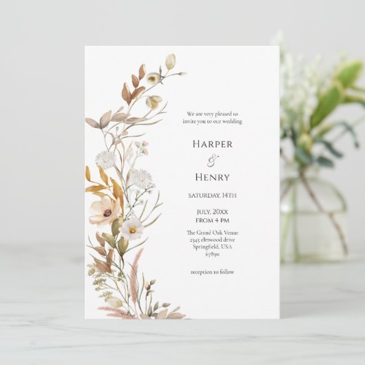 Wildflowers Beige Boho Botanische bruiloft Kaart (Staand voorkant)