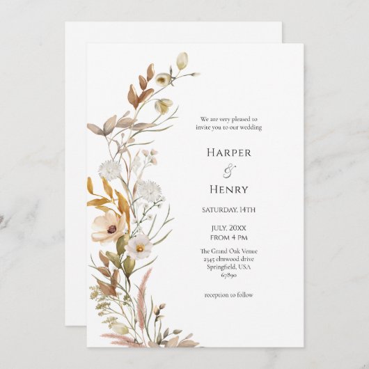 Wildflowers Beige Boho Botanische bruiloft Kaart (Voorkant / Achterkant)