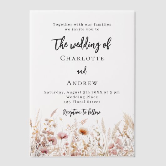 Wildflowers beige crème roze bruiloft vellum uitnodigingen (Voorkant)
