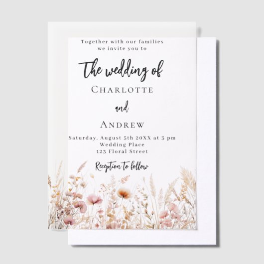 Wildflowers beige crème roze bruiloft vellum uitnodigingen (Offset)