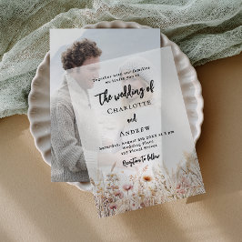 Wildflowers beige crème roze bruiloft vellum uitnodigingen