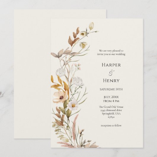 Wildflowers Beige Ivory Boho Botanische bruiloft Kaart (Voorkant / Achterkant)