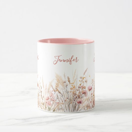 Wildflowers beige roze naam mok (Midden)