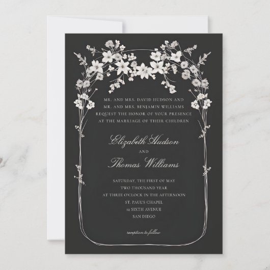Wildflowers Black Boho Arch Formele Script Wedding Kaart (Voorkant)