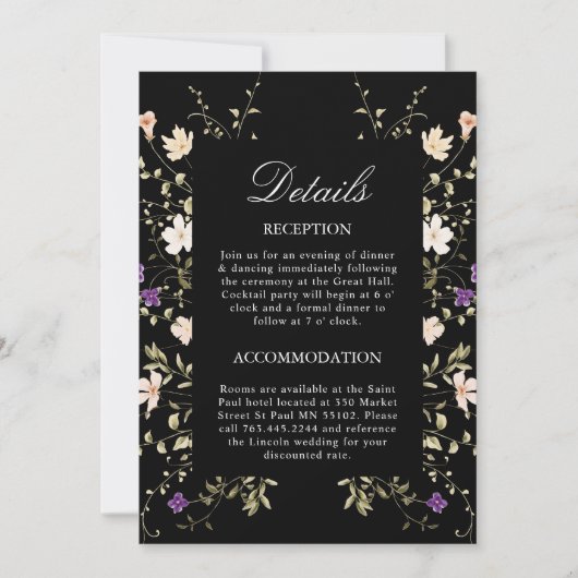 Wildflowers Black Wedding Details Behuizing Kaart (Voorkant)