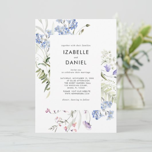 Wildflowers Blue Botanical Summer Invitation Kaart (Staand voorkant)