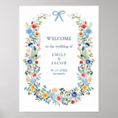 Wildflowers Blue Bow Elegant Wedding Welkom Poster (Voorkant)