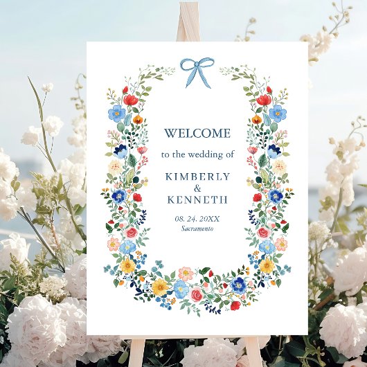Wildflowers Blue Bow Elegant Wedding Welkom Poster