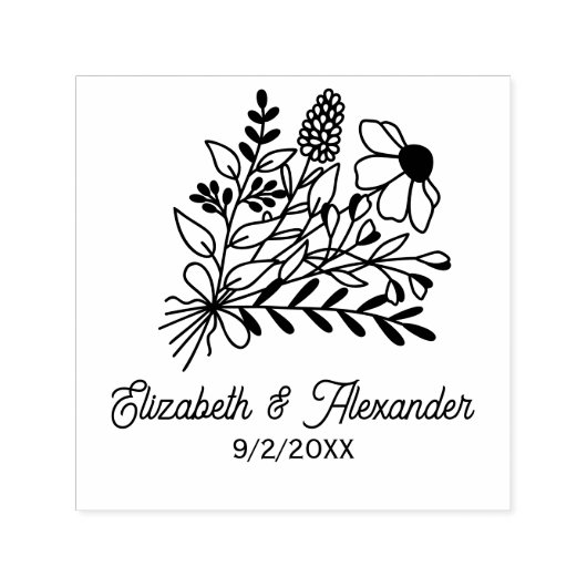 Wildflowers Boeket #1L Huwelijk Paar Namen Datum Zelfinktende Stempel (Design)