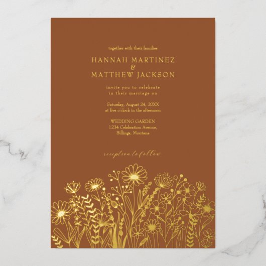 Wildflowers Boho Chic Gold en Terracotta bruiloft Folie Uitnodiging (Voorkant)