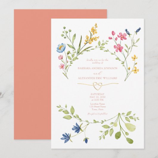 Wildflowers Boho Peach Huwelijksuitnodiging Kaart (Voorkant / Achterkant)