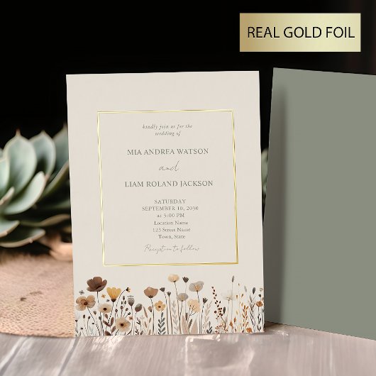 Wildflowers Boho Sage Green Gold Wedding Folie Uitnodiging