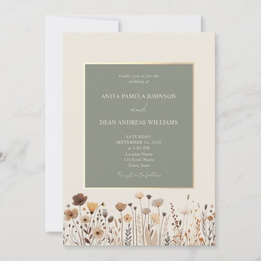 Wildflowers Boho Sage Green Huwelijksuitnodiging Kaart (Voorkant)