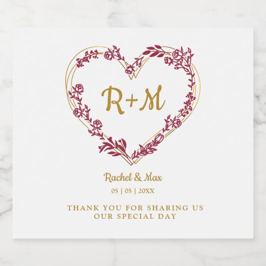 Wildflowers & Branches Heart in Faux Gold & Red Sparkling Wijnetiket (Enkel label)