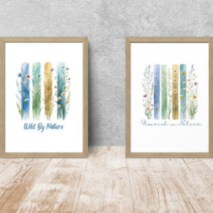Wildflowers Brush Stroke Waterverf blauw groen Muurkunst Sets