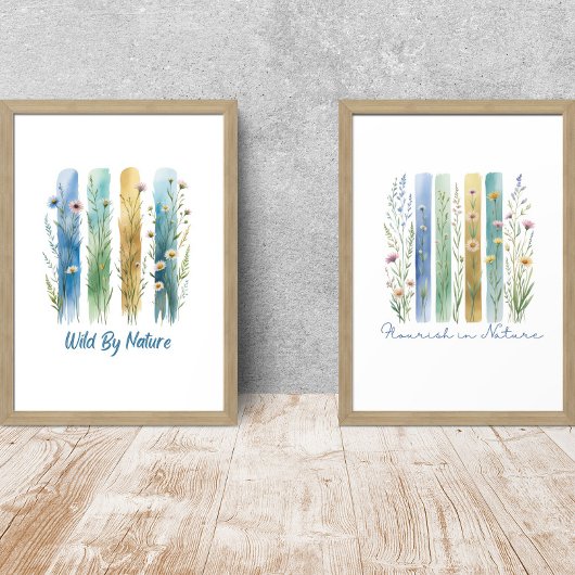 Wildflowers Brush Stroke Waterverf blauw groen Muurkunst Sets
