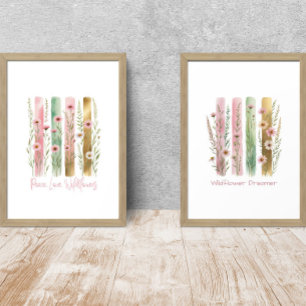 Wildflowers Brush Stroke Waterverf Roze Groen Gol Muurkunst Sets