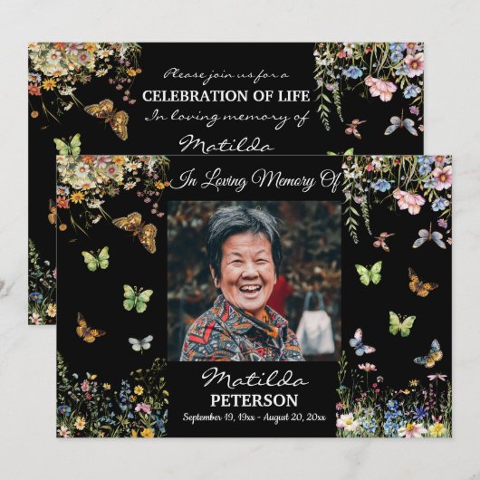 Wildflowers Butterflies 1 foto begrafenis uitnodig Kaart (Voorkant / Achterkant)