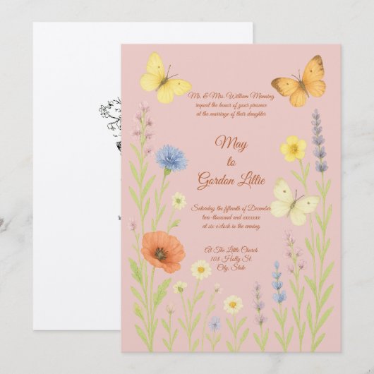 Wildflowers & Butterflies Waterverf Style Wedding Kaart (Voorkant / Achterkant)