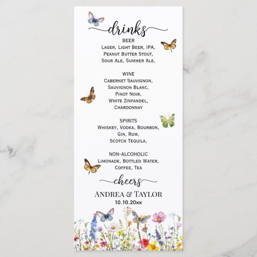 Wildflowers Butterflies Wedding Bar Menu (Voorkant)
