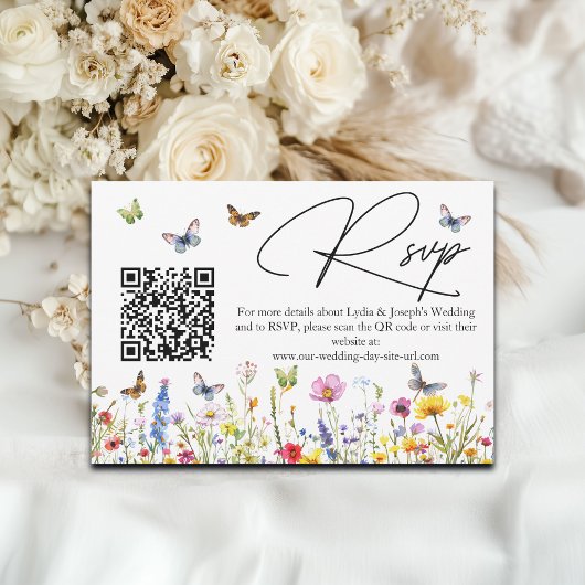 Wildflowers Butterflies Wedding QR Code RSVP Card