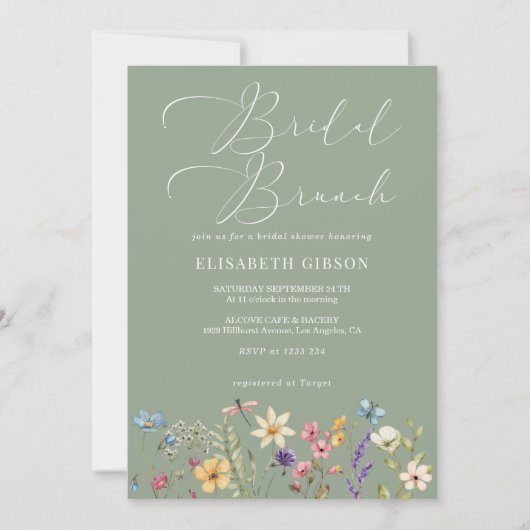 Wildflowers & Butterfly Sage Green Bruids Brunch Kaart (Voorkant)