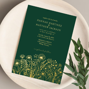 Wildflowers Chic Emerald Green en Gold Wedding Folie Uitnodiging