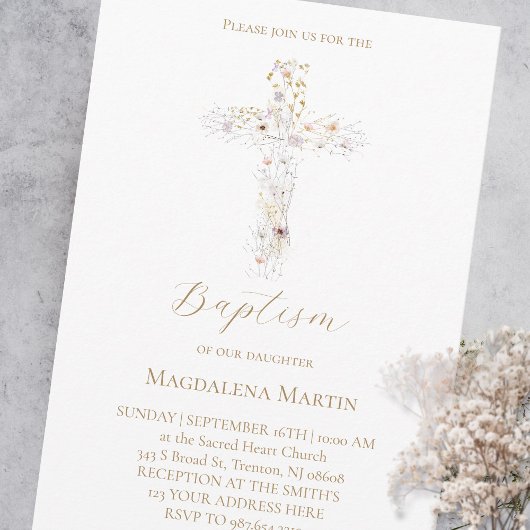 wildflowers cross | Baptism Invitation Kaart