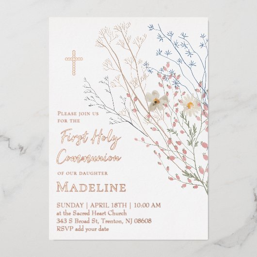  wildflowers design First Holy Communion Folie Uitnodiging (Voorkant)
