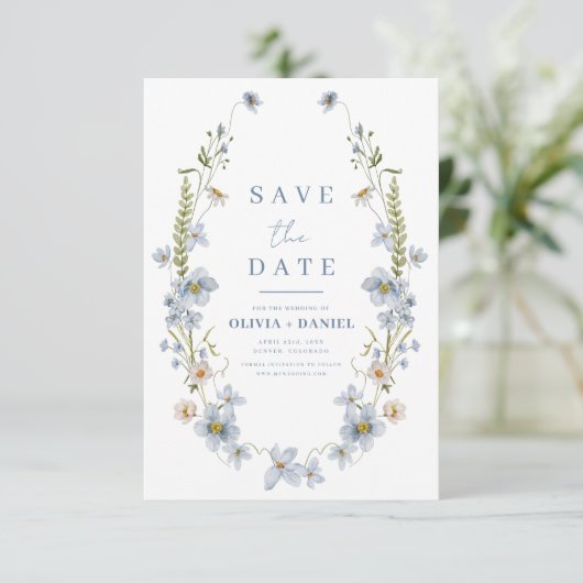 Wildflowers Dusty Blue Boho Bewaar de datum Save The Date (Staand voorkant)