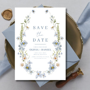 Wildflowers Dusty Blue Boho Bewaar de datum Save The Date